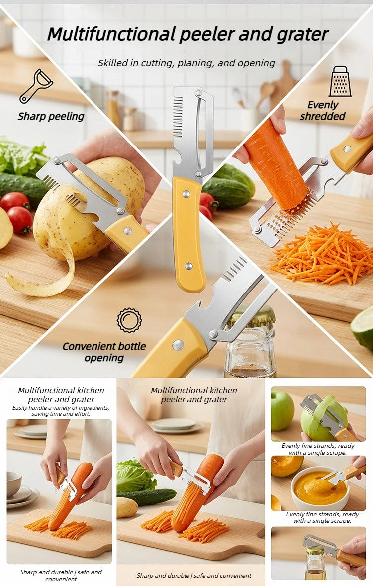 Pelador multifuncional 3 en 1 de acero inoxidable, rebanador y triturador de verduras y frutas, herramienta de cocina versátil para pelar y triturar