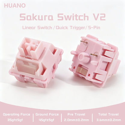 Interruptor HUANO Sakura V2 V3 rosa 35gf 42gf 5 pines lineales cremosos para teclado mecánico personalizado de juegos 60% POK POM PA66