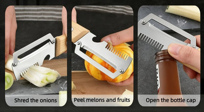 Pelador multifuncional 3 en 1 de acero inoxidable, rebanador y triturador de verduras y frutas, herramienta de cocina versátil para pelar y triturar