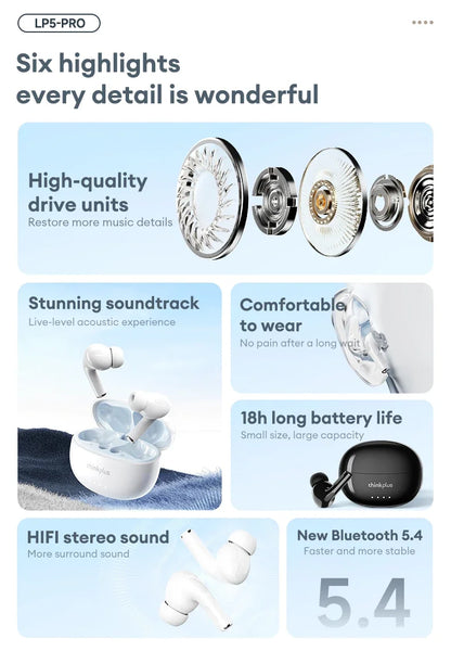 Auriculares inalámbricos Bluetooth 5.4 Lenovo LP5 PRO TWS Sonido HiFi Auriculares gaming LP5Pro Auriculares deportivos Batería de larga duración con micrófono 2025