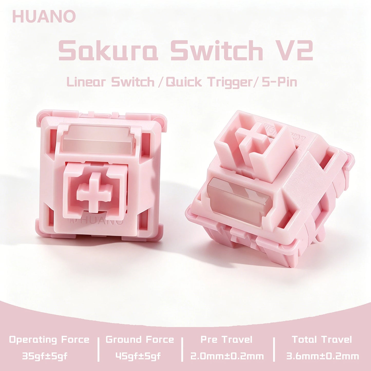 Interruptor HUANO Sakura V2 V3 rosa 35gf 42gf 5 pines lineales cremosos para teclado mecánico personalizado de juegos 60% POK POM PA66