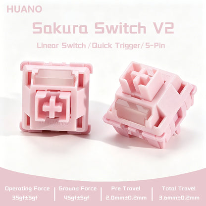 Interruptor HUANO Sakura V2 V3 rosa 35gf 42gf 5 pines lineales cremosos para teclado mecánico personalizado de juegos 60% POK POM PA66